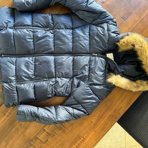 Zara Navy Puffer Jacket with Faux Fur Trim